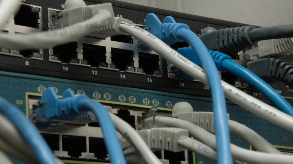 Netzwerk-Switches mit blauen Ethernetkabeln, Symbolbild für die Sicherheit von Webservern