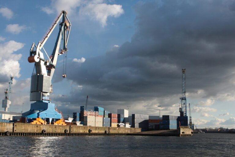 Containerbrücken im Hamburger Hafen unter blauem Himmel